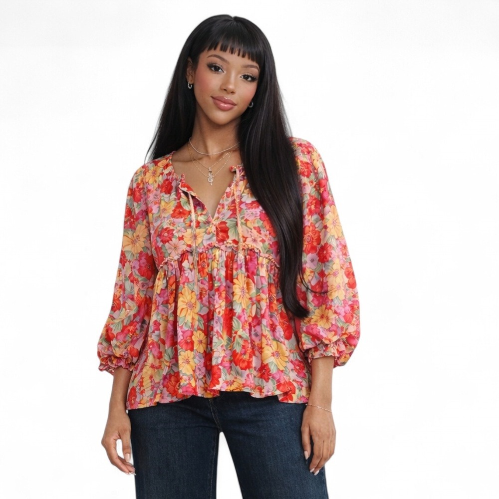 VICI Floral Babydoll Puff Sleeve‎ Tie Neck Blouse Size L